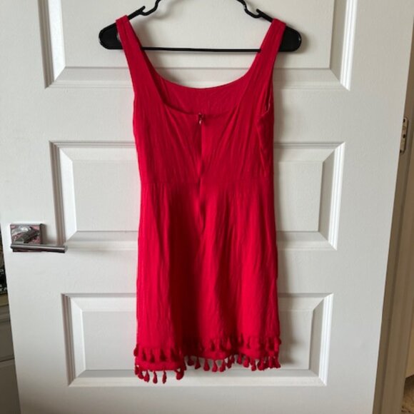 Red Lulus Mini Dress with Pom Poms on Hem - Picture 2 of 2